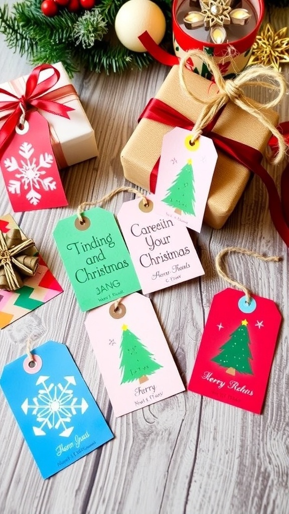 DIY Christmas Gift Tags Handmade Christmas gift tags with festive designs and ribbons on a wooden table.